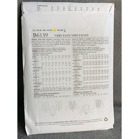Butterick Misses Jacket Vest Sewing Pattern Sz 14-22 B6139 - Uncut - Picture 3 of 4